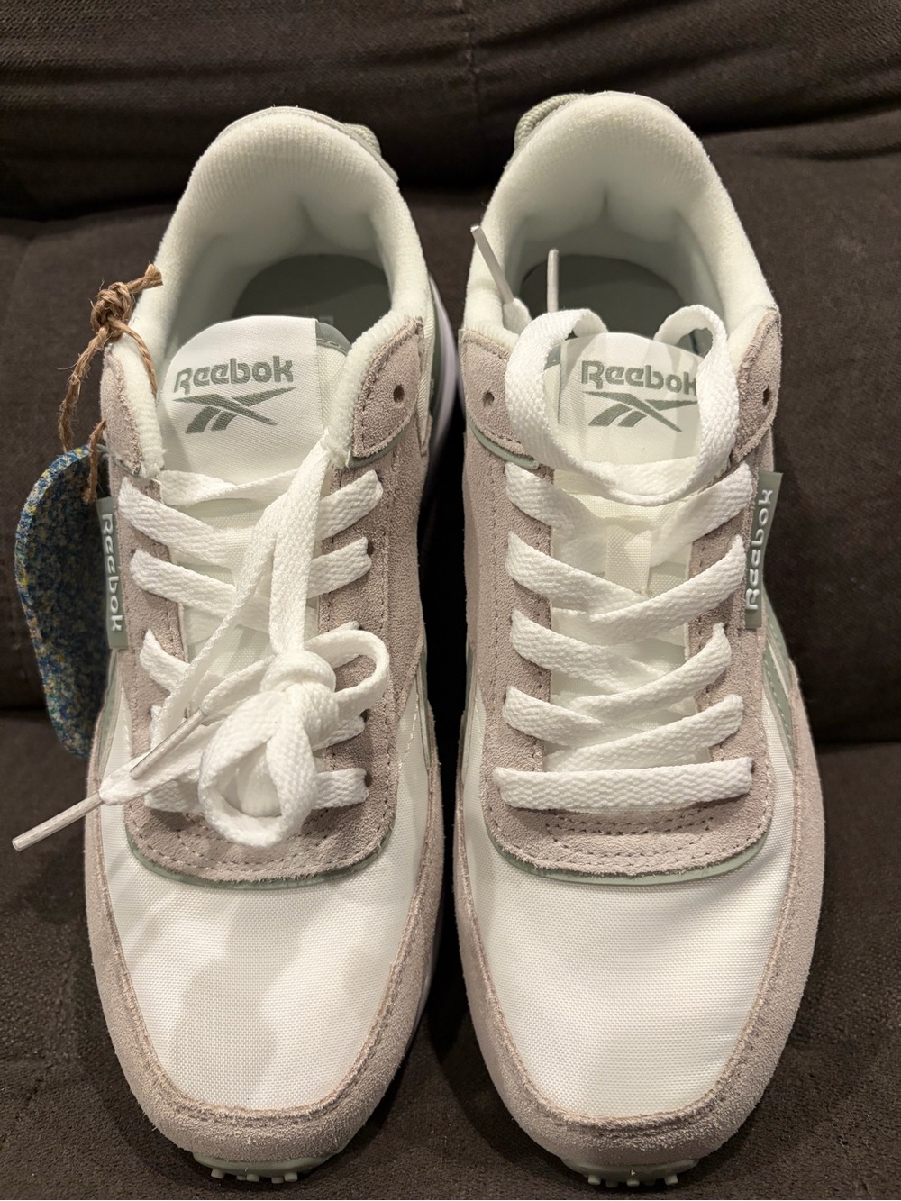Reebok White and Light Gray and light green Suede-Trim Sneakers